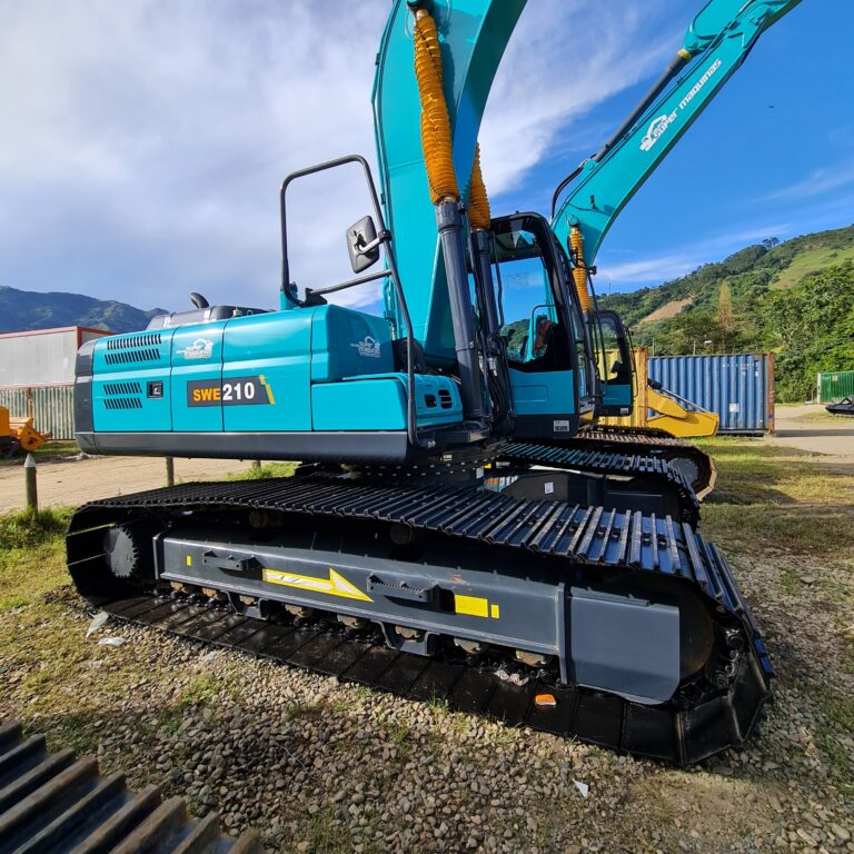 Excavadora azul con detalles amarillos