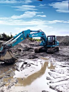 excavadora azul en obra pantanosa